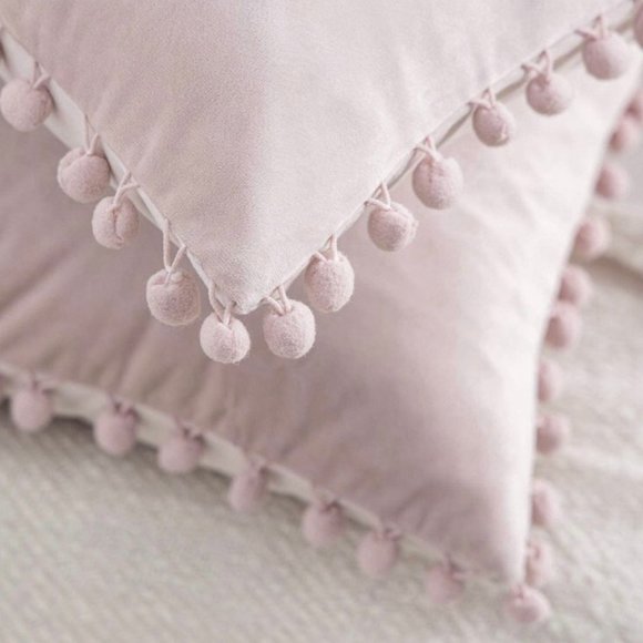 (Only Covers) Set of 2 Poms Poms Velvet Decorative Pillow Covers, Light Pink - Picture 2 of 2